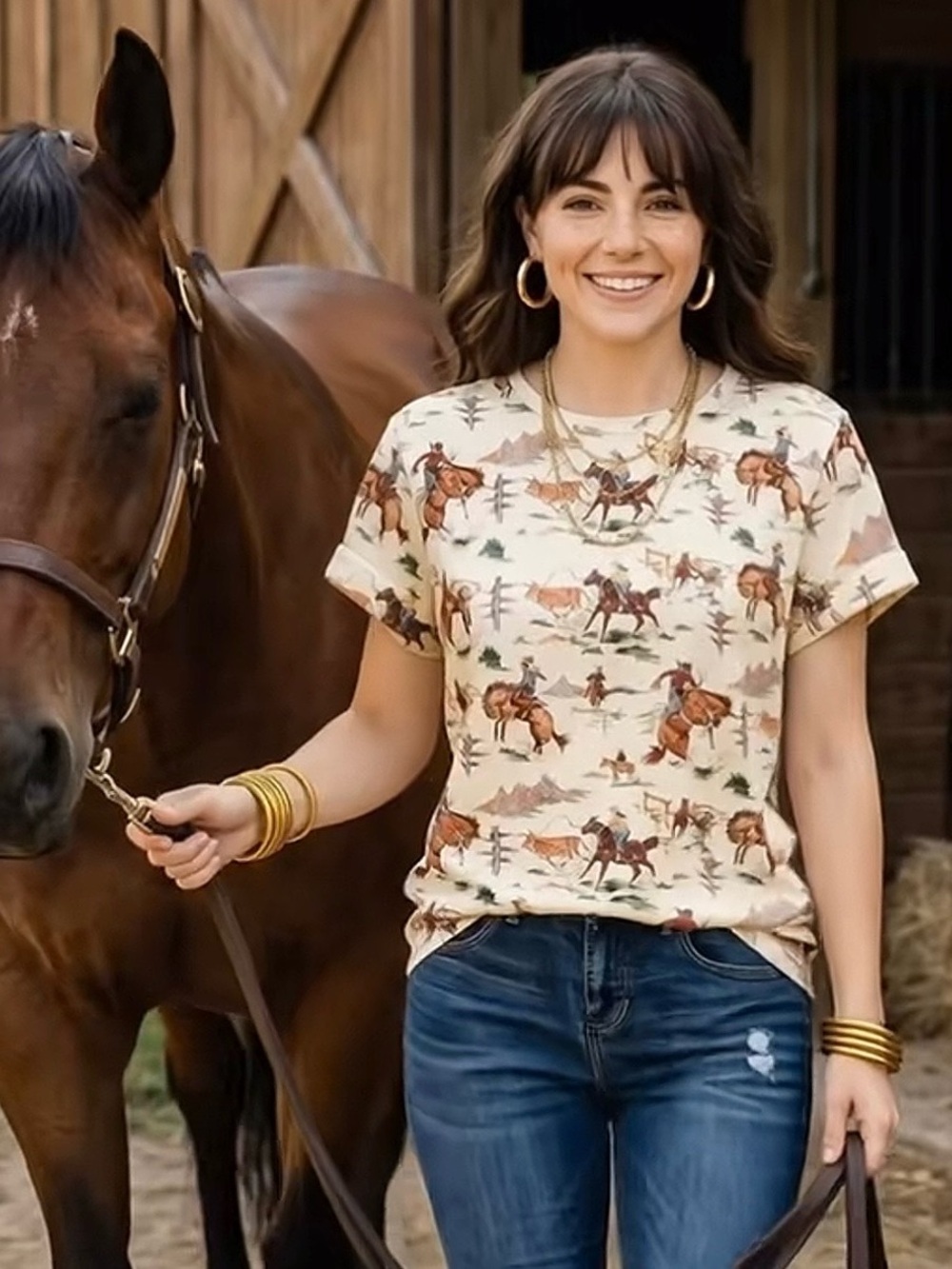 Cream Western Horse Print Short Sleeve Tee